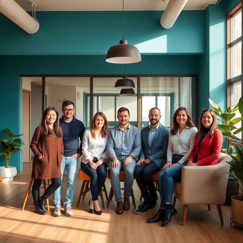 Portret de grup al echipei de jurnaliști într-un birou open-plan cu accente teal din Craiova