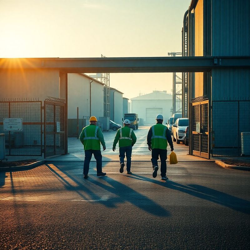 Muncitori intrând pe poarta unei fabrici din zona industrială oltenească la răsărit